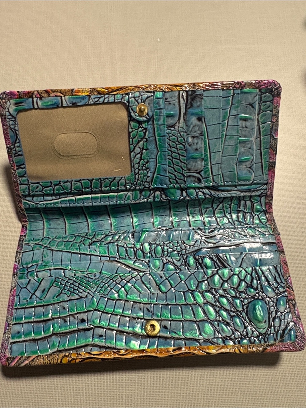 Brahmin Yellow-Brown Wallet with Pink Floral Embossing - Picture 2 of 4